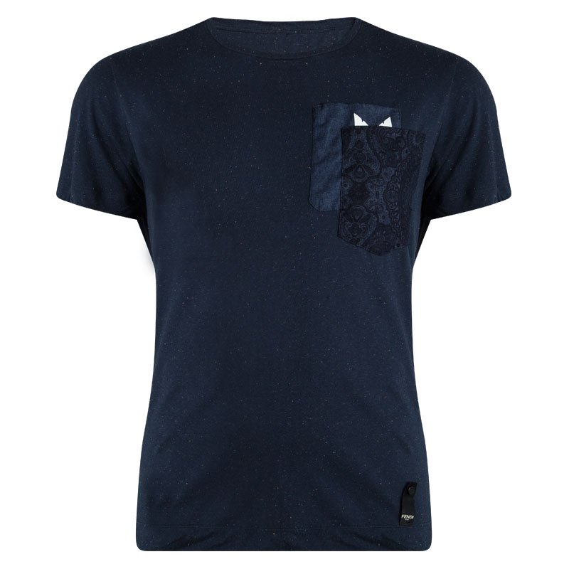 Pre Owned Fendi Blue Slub Jersey Monster Eye Detail Crew Neck T-Shirt 3XL