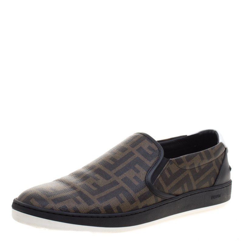 Fendi Brown Zucca Coated Canvas Slip On Sneakers Size 45