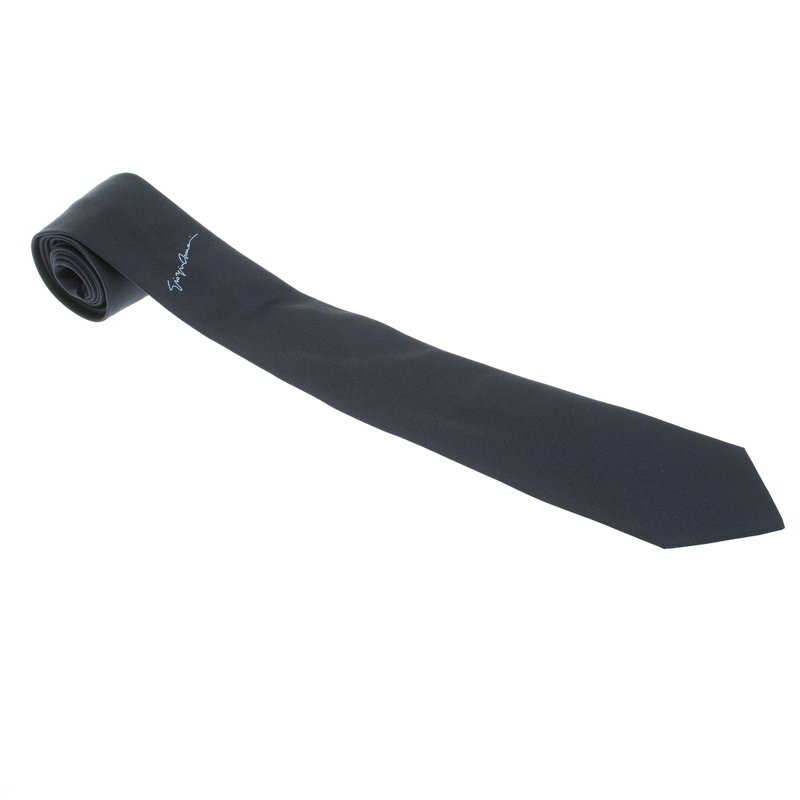 Pre Owned Giorgio Armani Navy Blue Signature Logo Detail Silk Tie