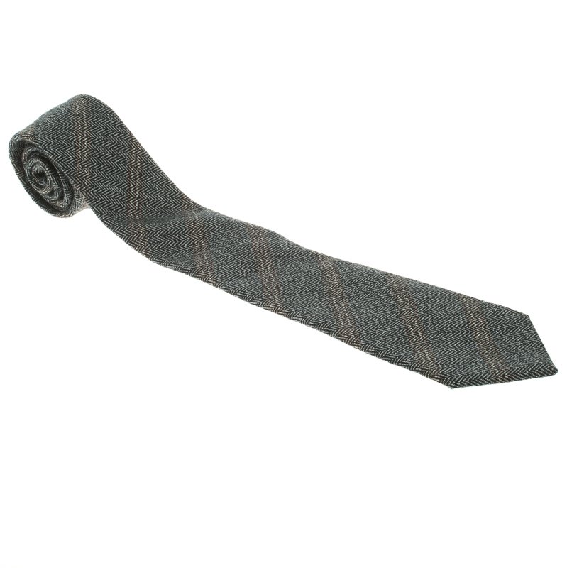Pre Owned Giorgio Armani Grey Herringbone Weave Diagonal Striped Wool Tie