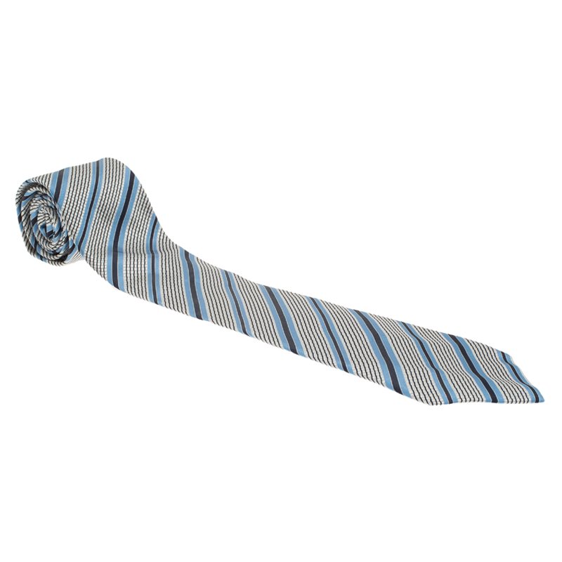 Pre Owned Giorgio Armani Grey and Blue Striped Silk Tie