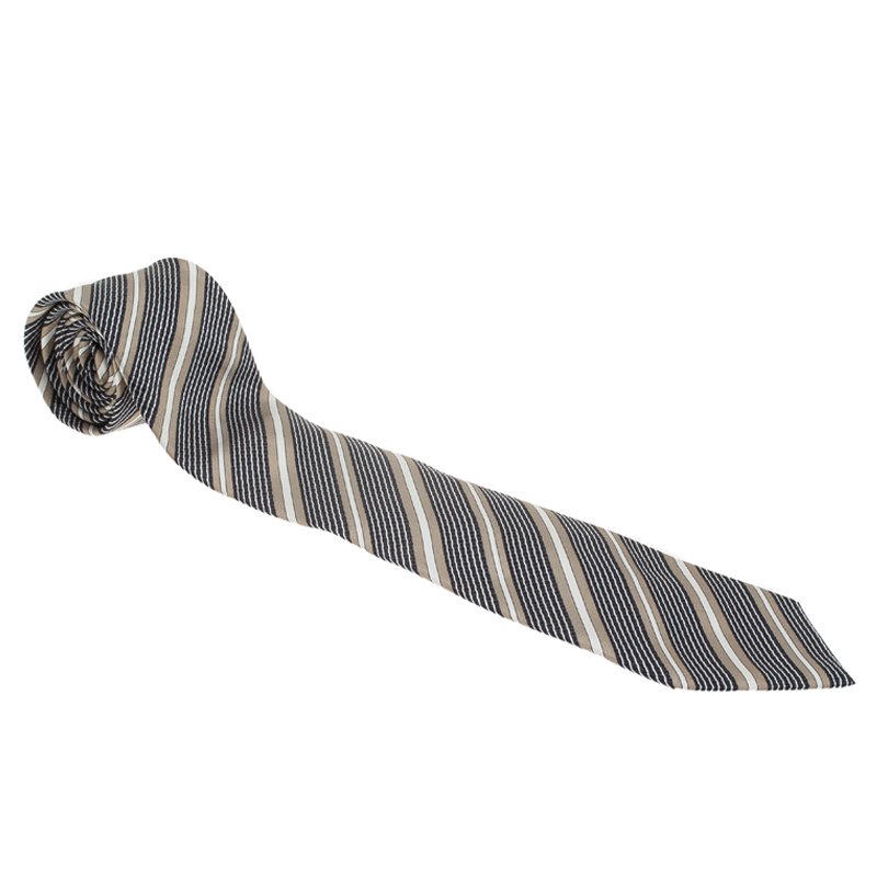 Pre Owned Giorgio Armani Black and Beige Striped Silk Tie