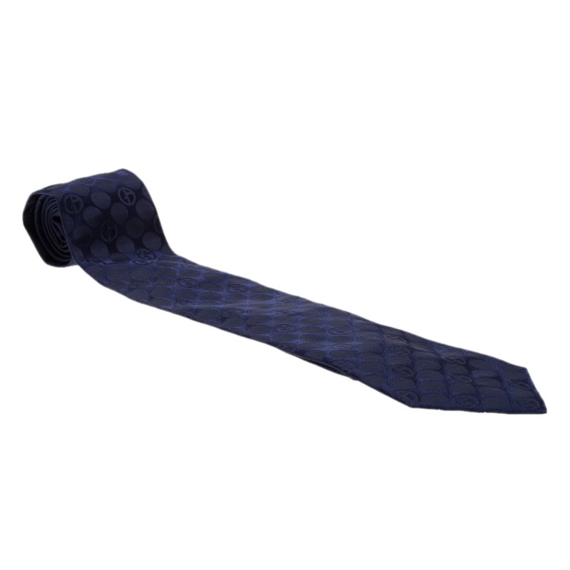 Pre Owned Giorgio Armani Blue Monogram Textured Silk Tie