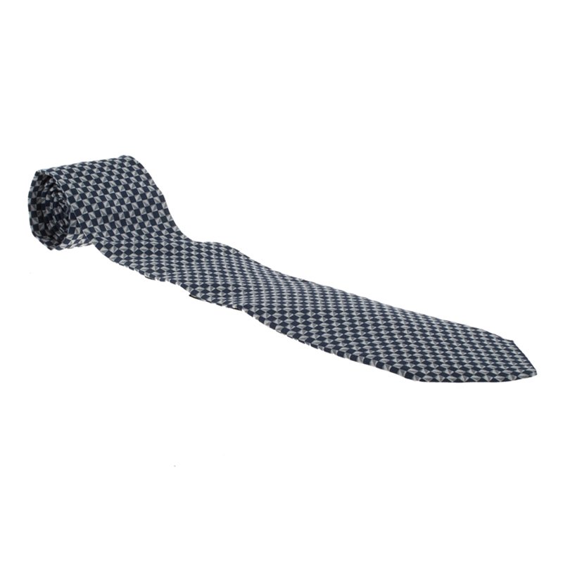 Giorgio Armani Grey and Blue Check Print Silk Tie