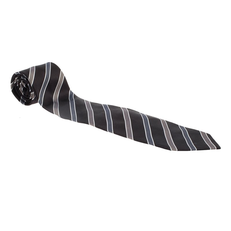 Giorgio Armani Black and White Striped Textured Silk Tie