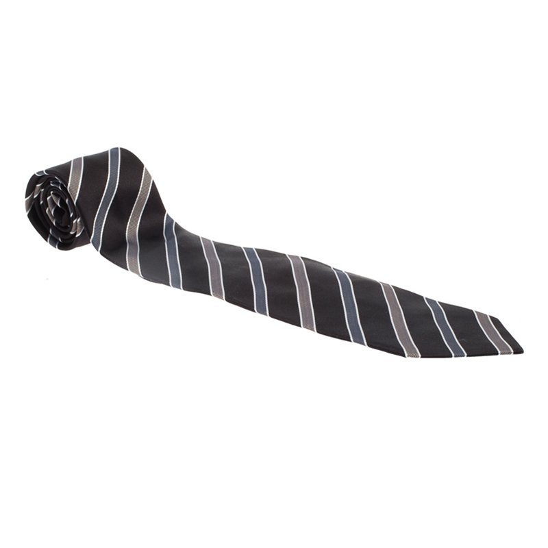 Pre Owned Giorgio Armani Black and White Striped Textured Silk Tie