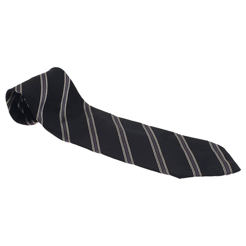 Pre Owned Giorgio Armani Navy Blue and Grey Striped Tie