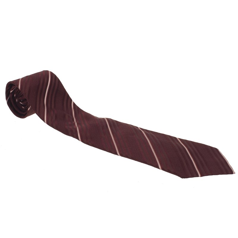 Pre Owned Giorgio Armani Burgundy Silk Striped Tie