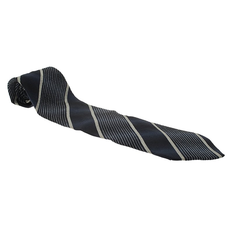 Pre Owned Giorgio Armani Navy Blue and Grey Striped Silk Tie