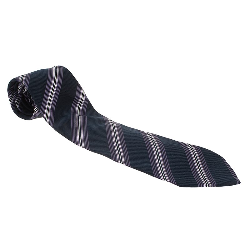 Pre Owned Giorgio Armani Purple and Black Striped Silk Tie