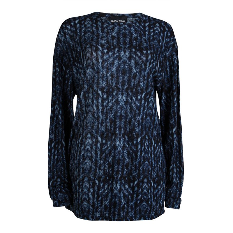 Pre Owned Giorgio Armani Blue Printed Crew Neck Sweater L