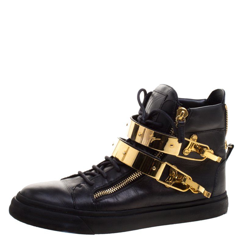 Pre Owned Giuseppe Zanotti Black Leather London Double Buckle High Top Sneakers Size 43