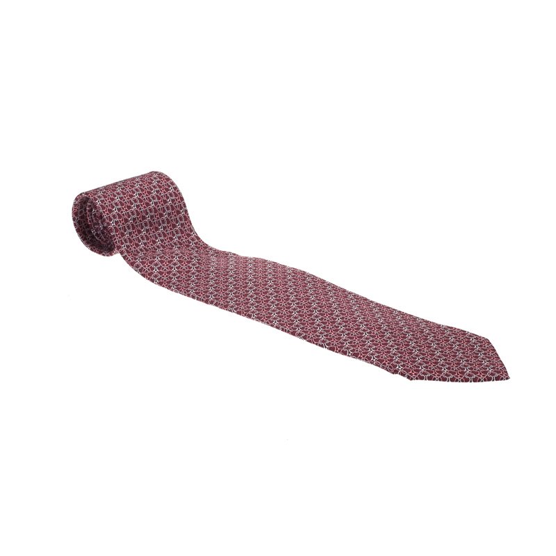Pre Owned Gucci Bordeaux Pink Interlocking Horsebit Printed Silk Tie