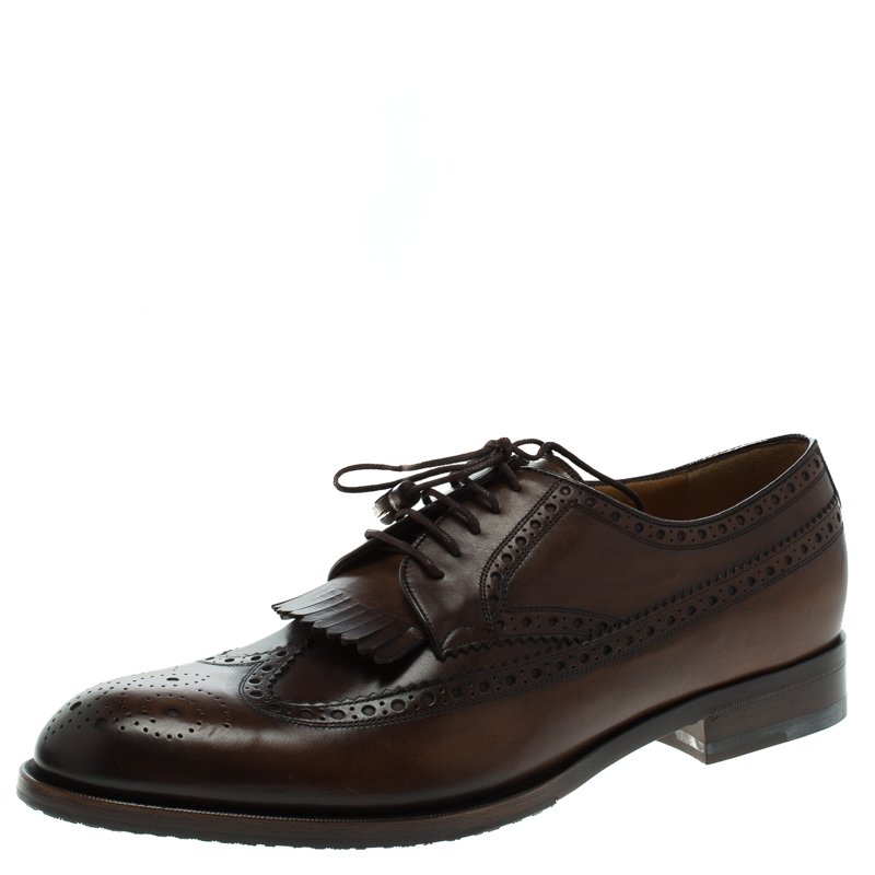 Gucci Brown Brogue Leather Fringe Derby Size 44