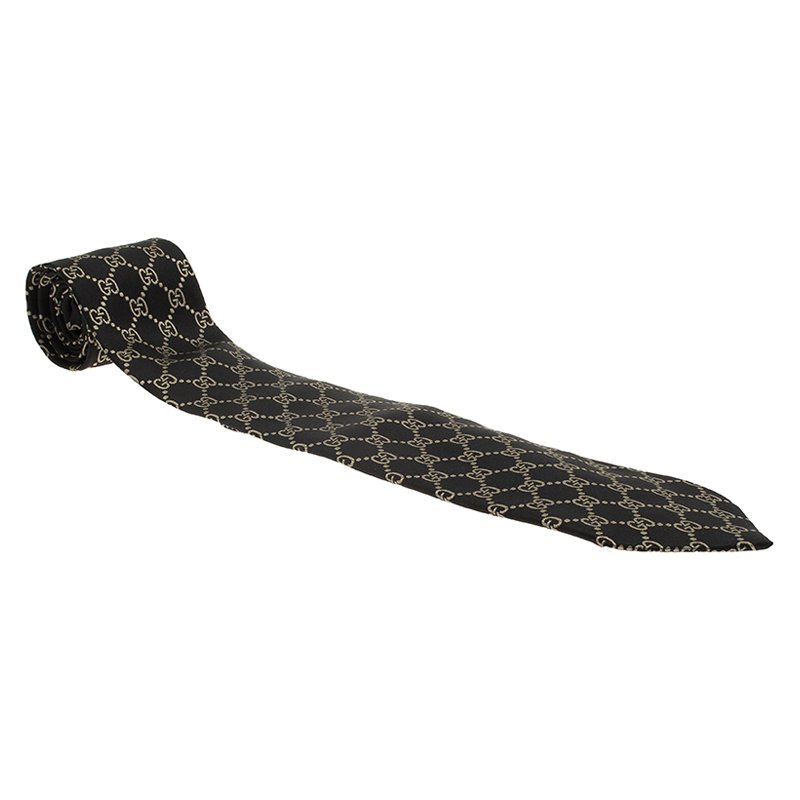 Pre Owned Gucci Black and Beige Guccissima Silk Tie