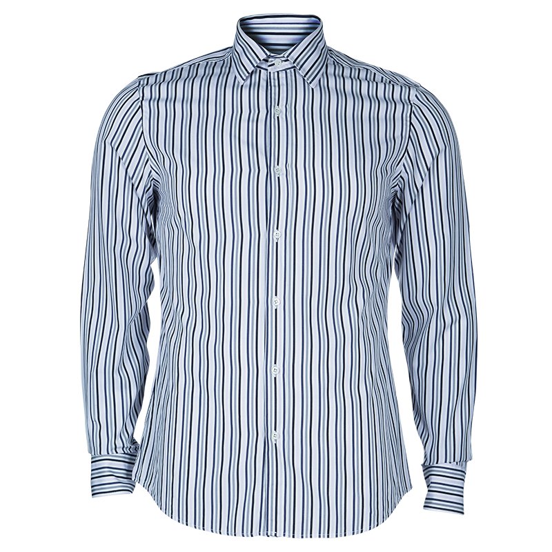 Gucci Men's White and Blue Striped Shirt M