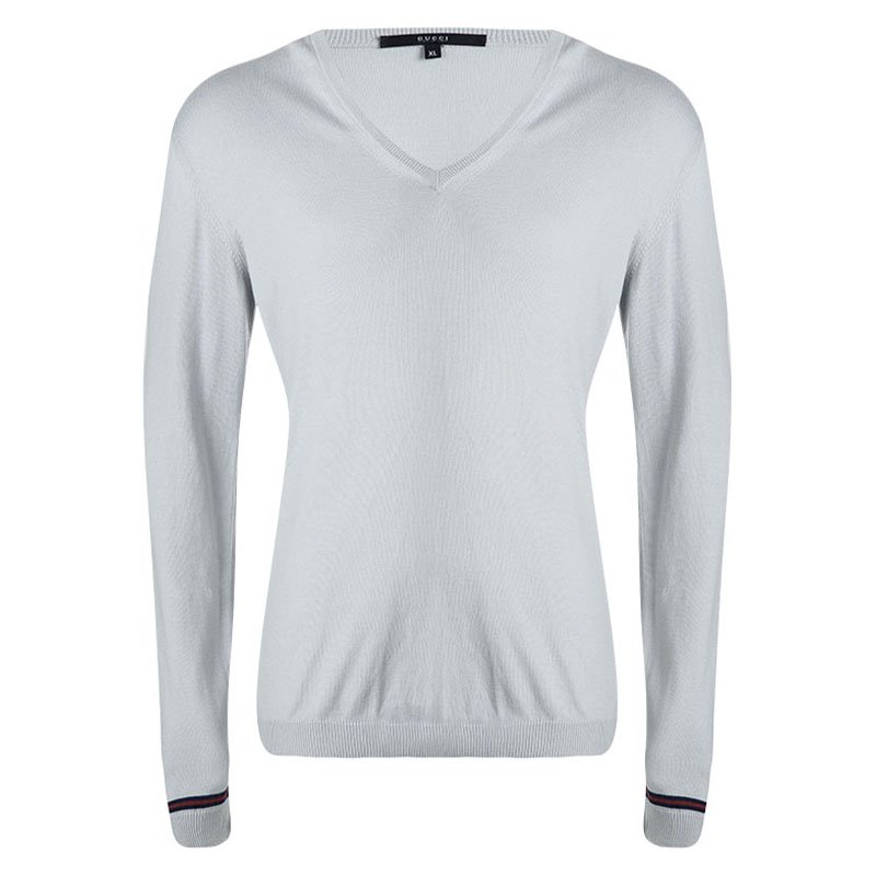 Gucci Grey V-Neck Stripe Detail Long Sleeve Sweater XL