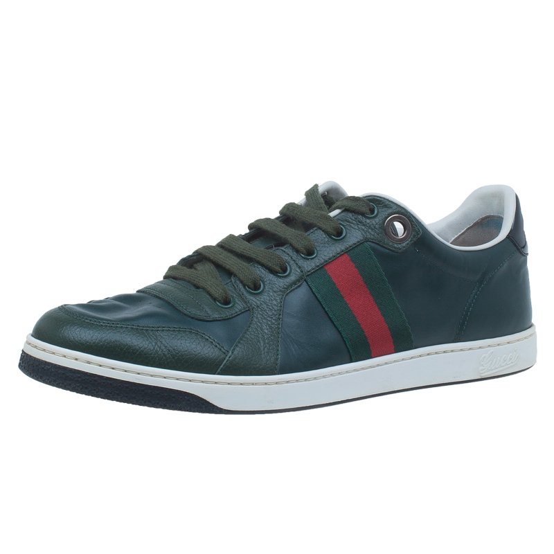Gucci Green Leather Web Detail Sneakers Size 42