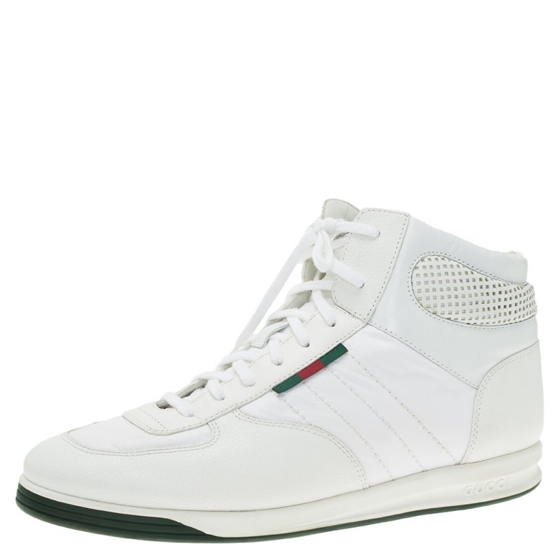مملوكة مسبقًا Gucci White Leather and Fabric High Top Sneakers Size 44