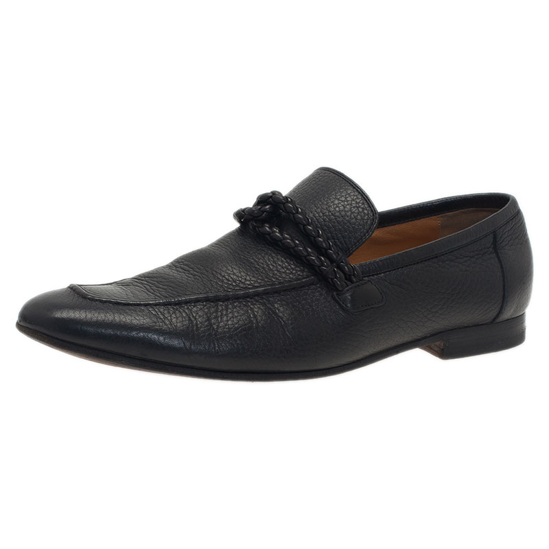 Pre Owned Gucci Black Leather Braided Strap Loafers Size 43