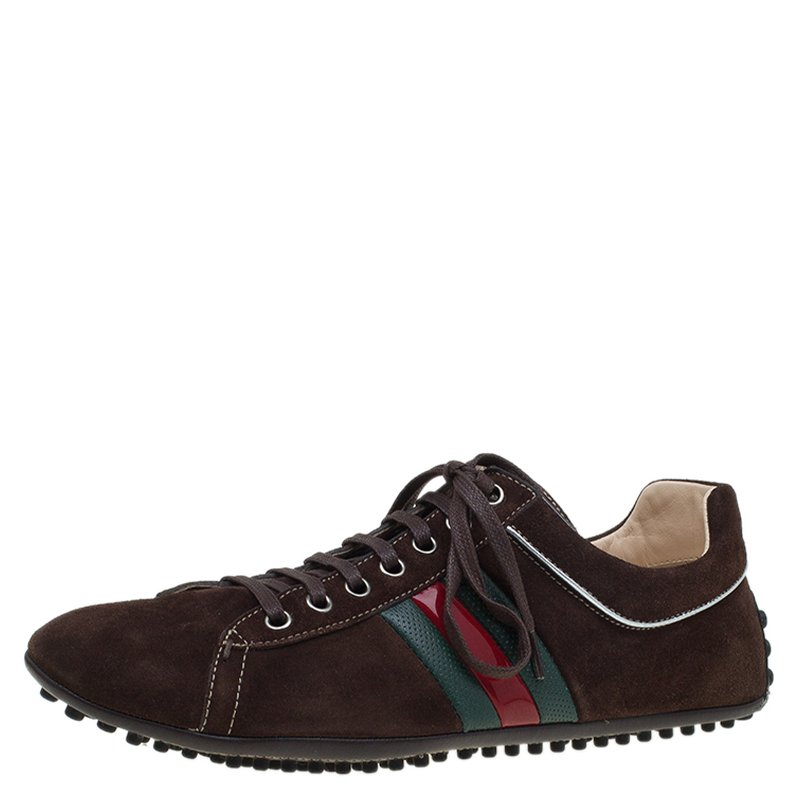 Gucci Brown Suede Web Detail Sneakers Size 42.5