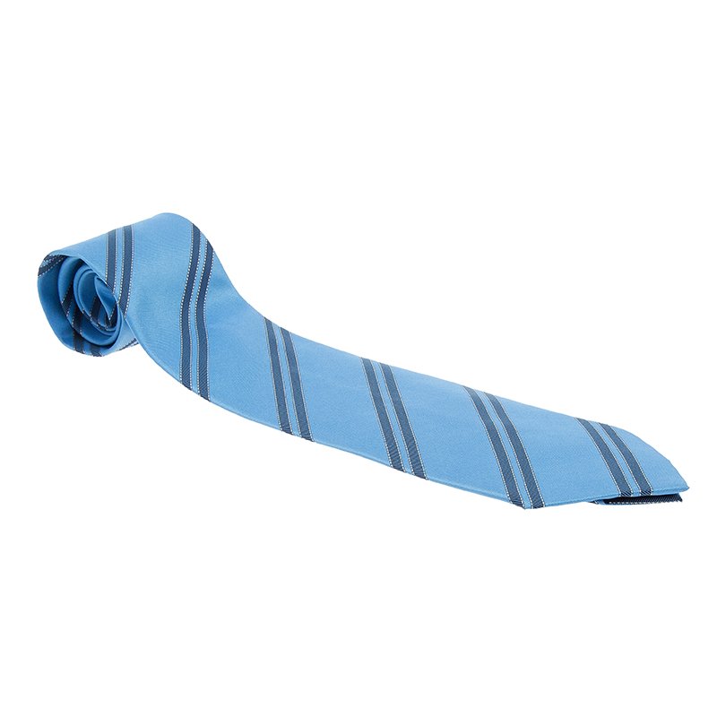 Pre Owned Hermes Blue Striped Silk Tie