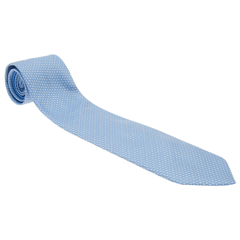 مملوكة مسبقًا Hermes Blue Woven H Logo Silk Tie
