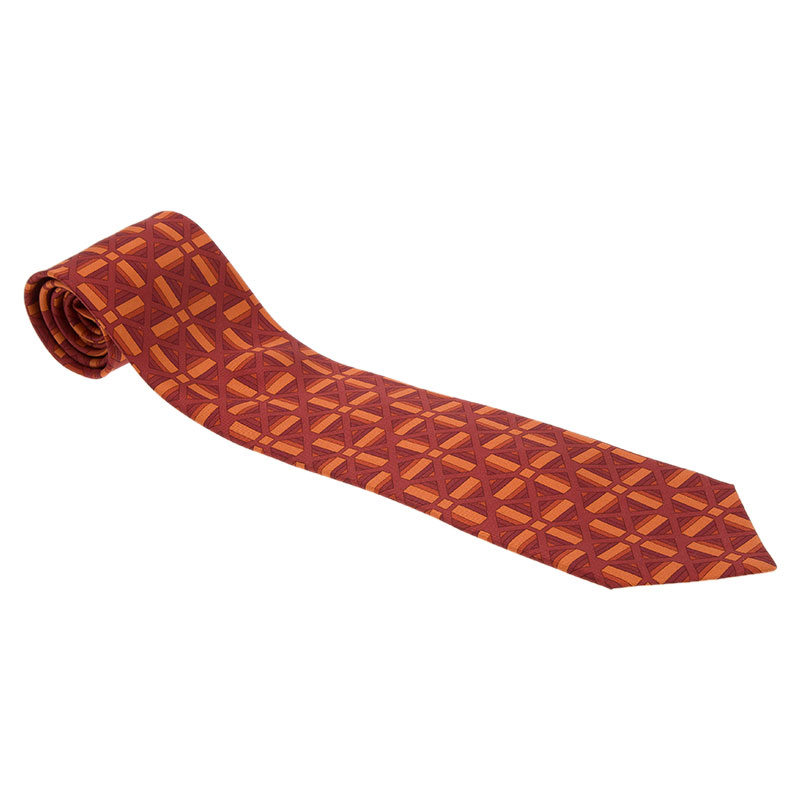 Pre Owned Hermes Red Silk Printed Tie