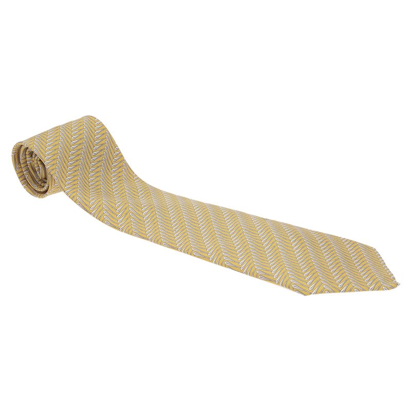 Pre Owned Hermes Yellow Printed Silk Tie
