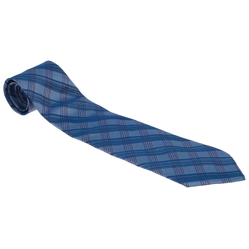 Pre Owned Hermes Blue Silk Check Tie