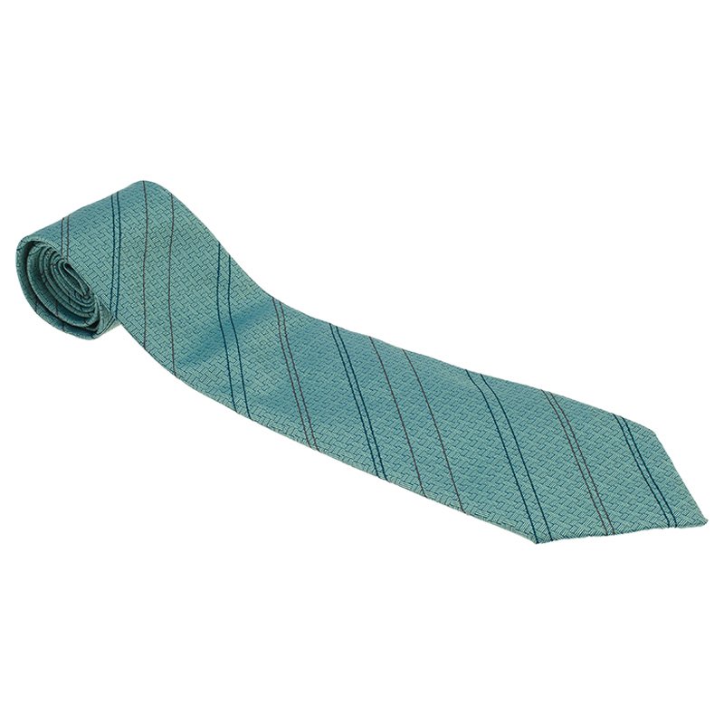 Pre Owned Hermes Green Silk Striped Tie