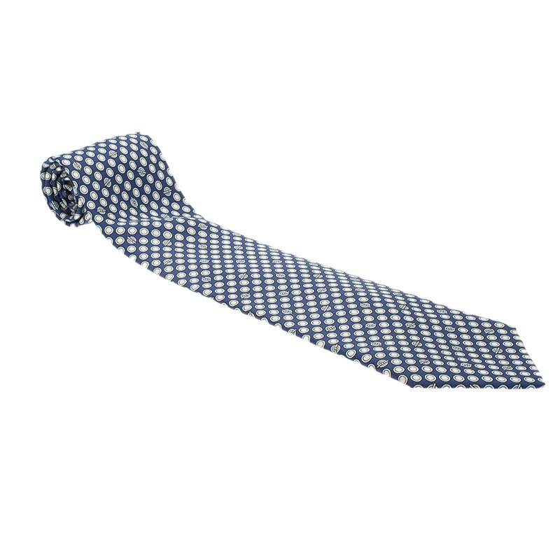 Pre Owned Hermes Blue & White Dot Printed Silk Tie