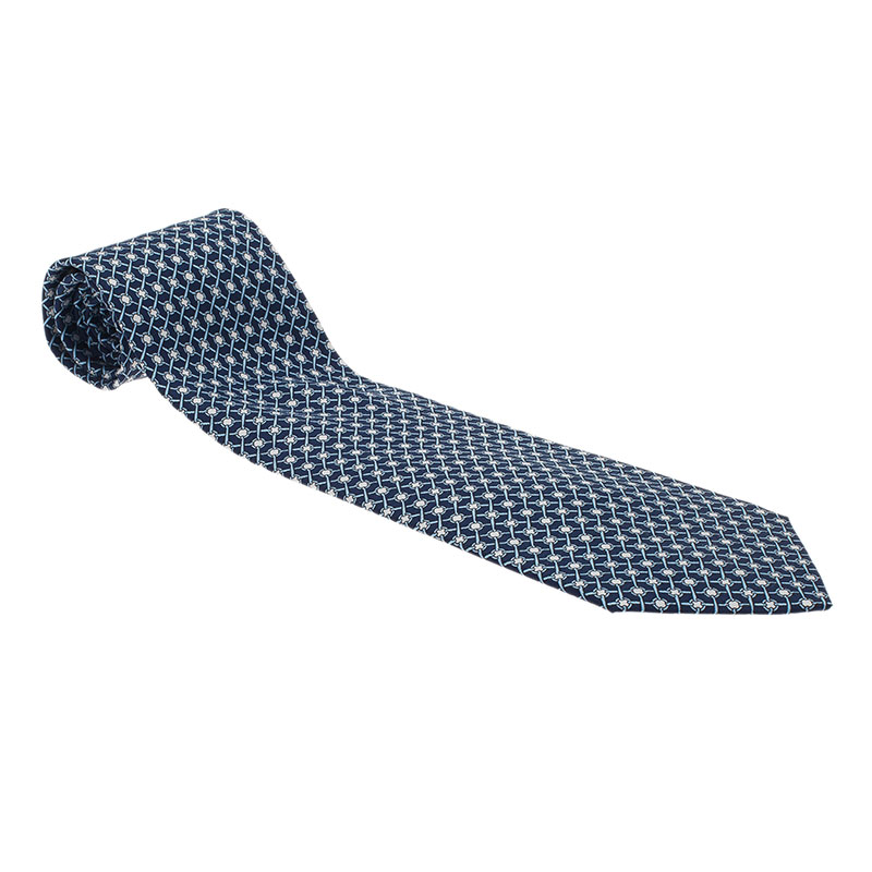 مملوكة مسبقًا Hermes Navy Blue Printed Silk Tie
