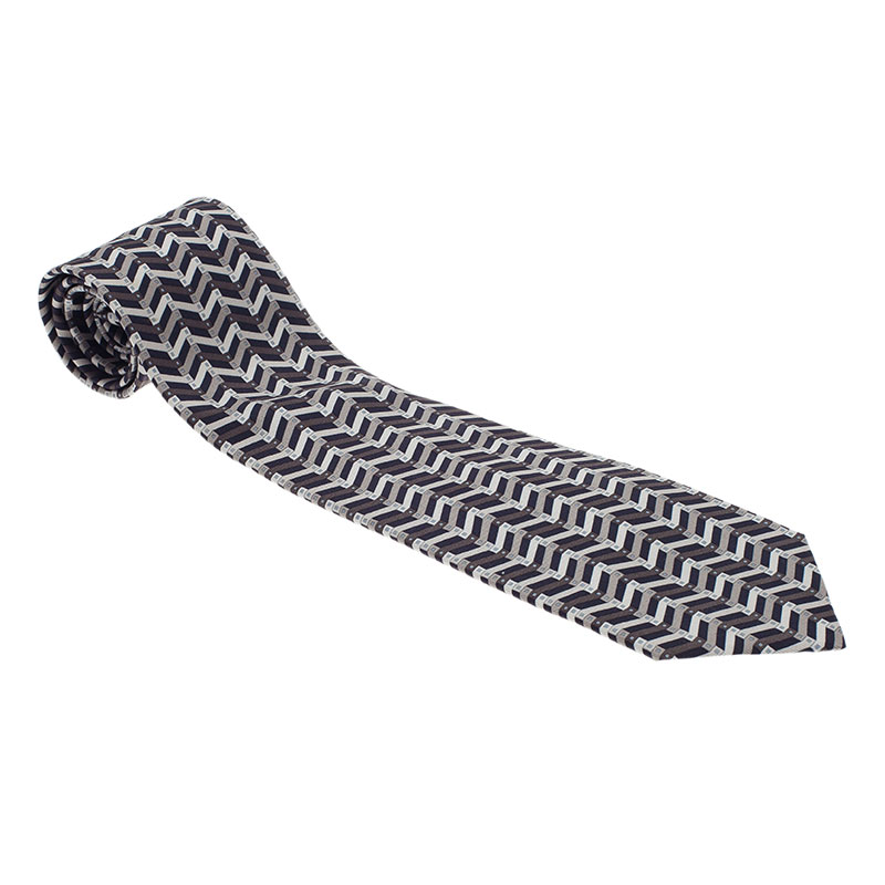 Pre Owned Hermes Grey Printed Silk Tie