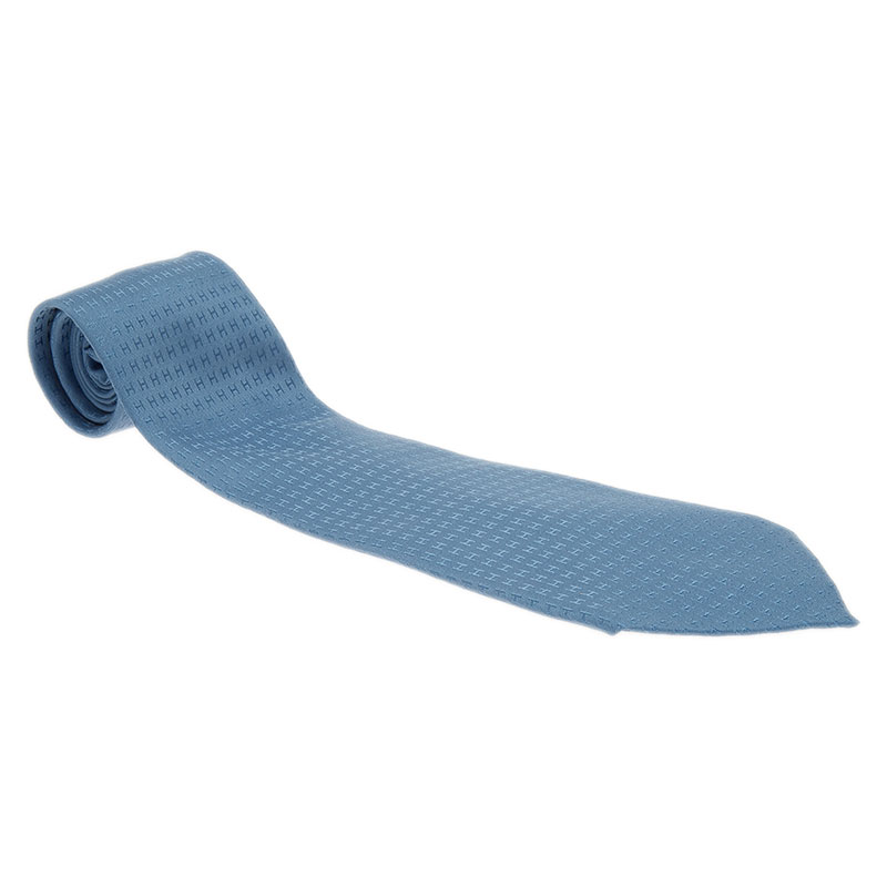 Pre Owned Hermes Light Blue H Logo Silk Tie