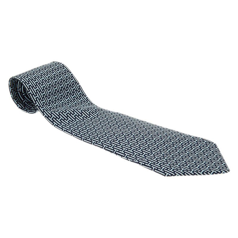 Pre Owned Hermes Blue H Logo Silk Tie