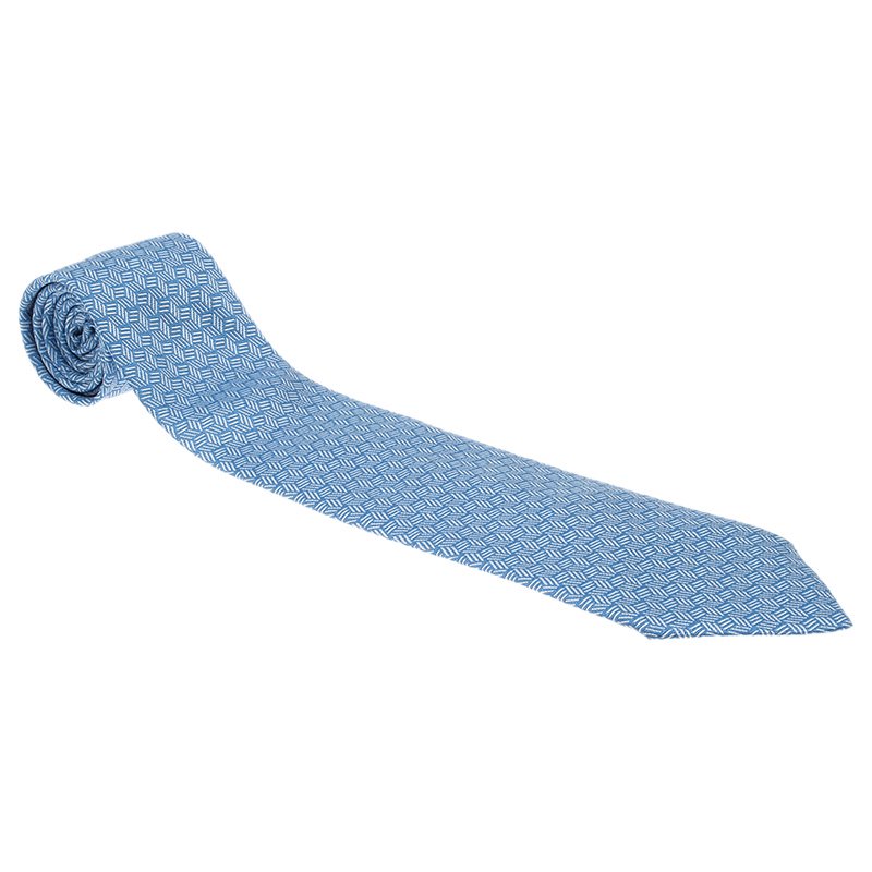 Pre Owned Hermes Blue Printed Silk Tie