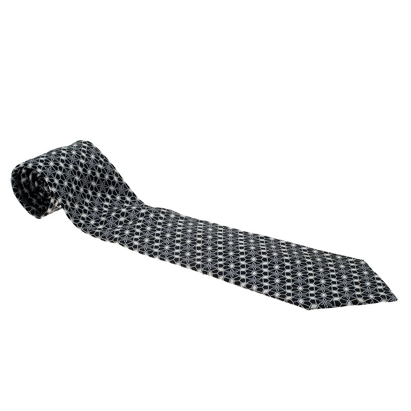 Pre Owned Hermes Black and White Printed Silk Tie