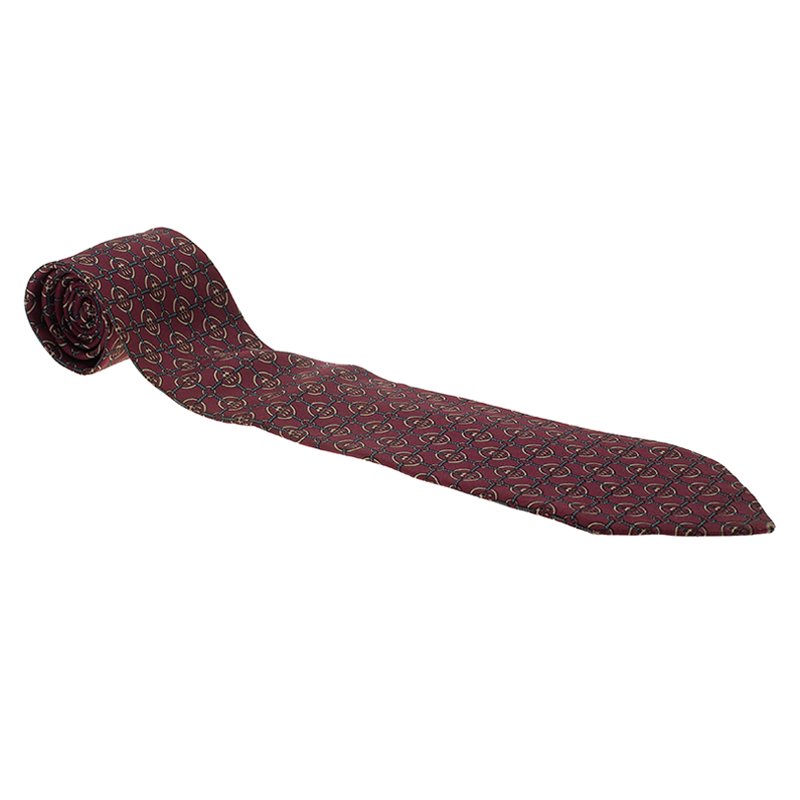 Pre Owned Hermes Burgundy Printed Silk Tie
