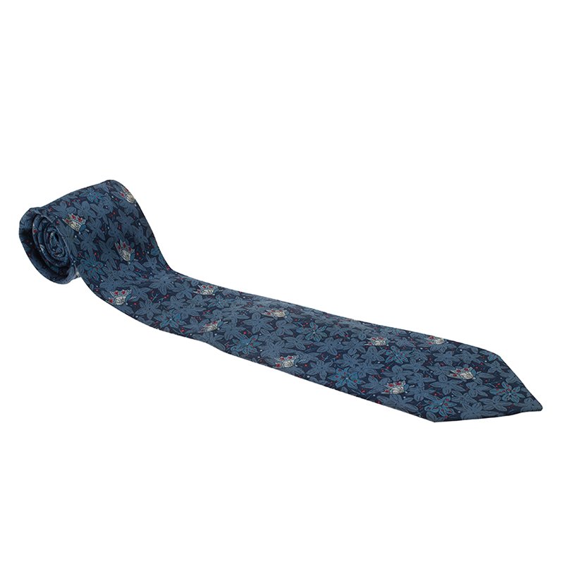 Hermes Blue Butterfly and Flower Print Silk Tie
