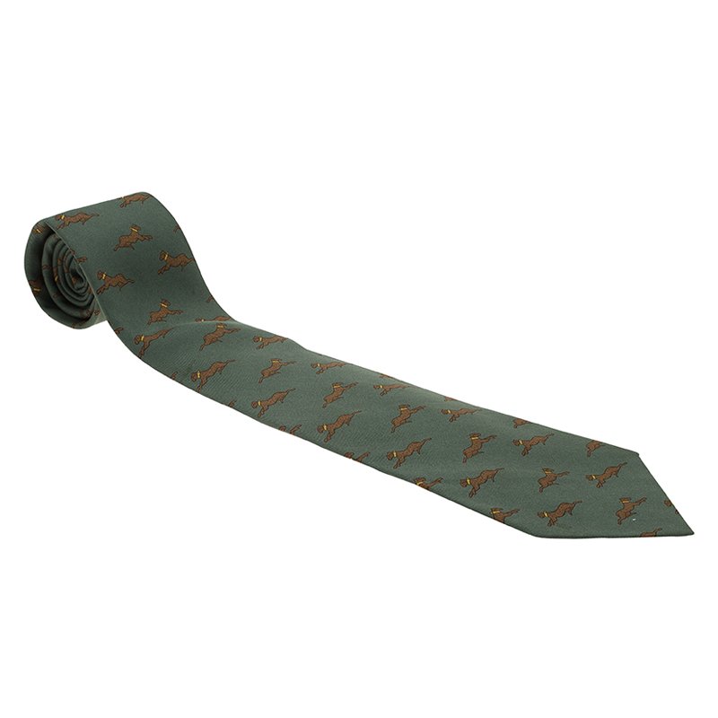 Pre Owned Hermes Green Greyhound Printed Silk Tie