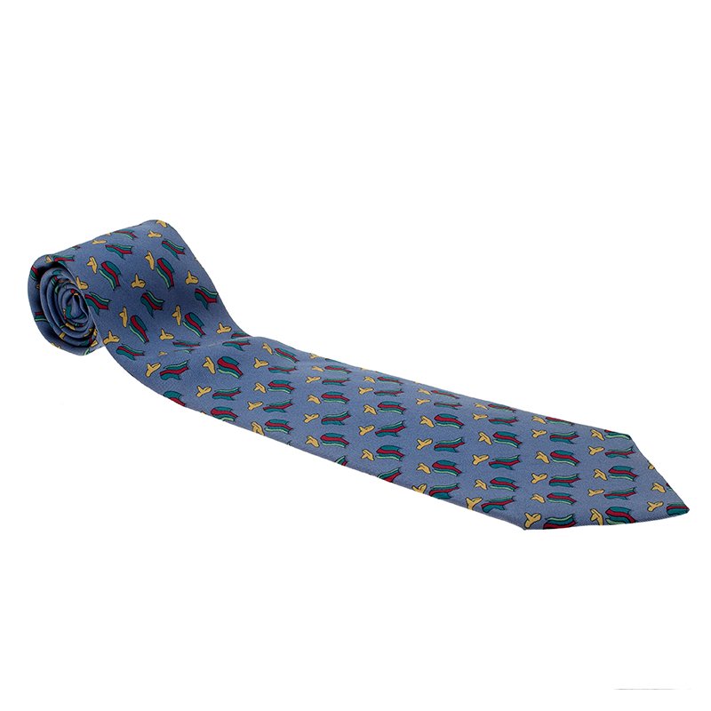 Hermes Light Blue Scarves Printed Silk Tie