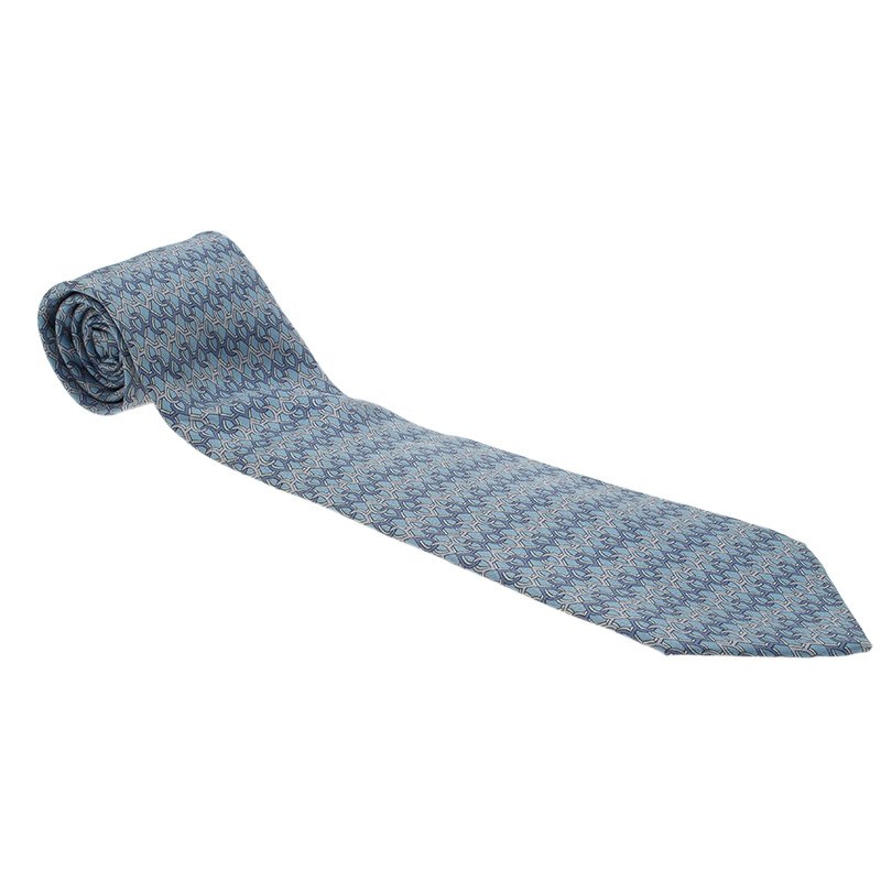 ربطة عنق هيرمس حرير طباعة دمعة هندسية زرقاء