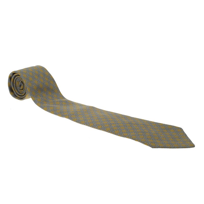 Pre Owned Hermes Blue and Yellow Printed Silk Tie