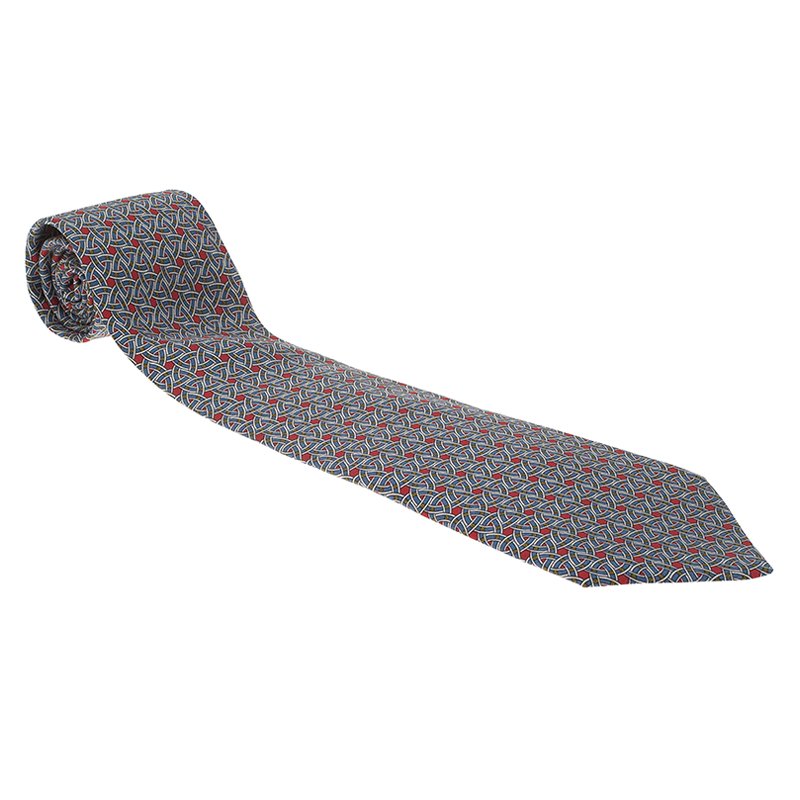 Pre Owned Hermes Blue and Red Printed Silk Tie