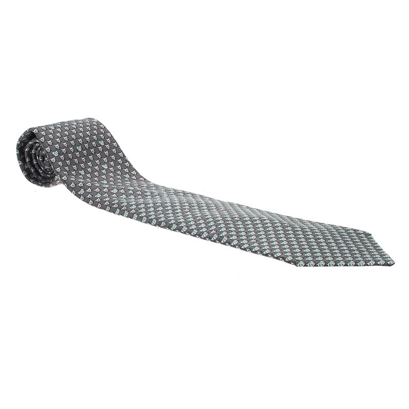 Pre Owned Hermes Grey Cat and Mouse Print Silk Tie