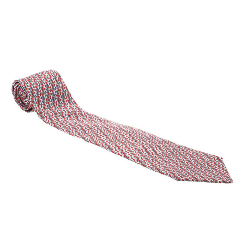 Hermes Red & Grey H Printed Silk Tie