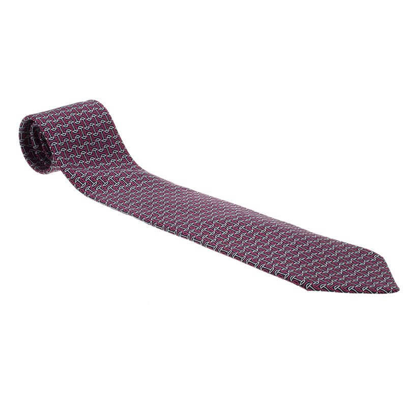 Hermes H Jumping Navy Blue & Magenta Printed Silk Tie