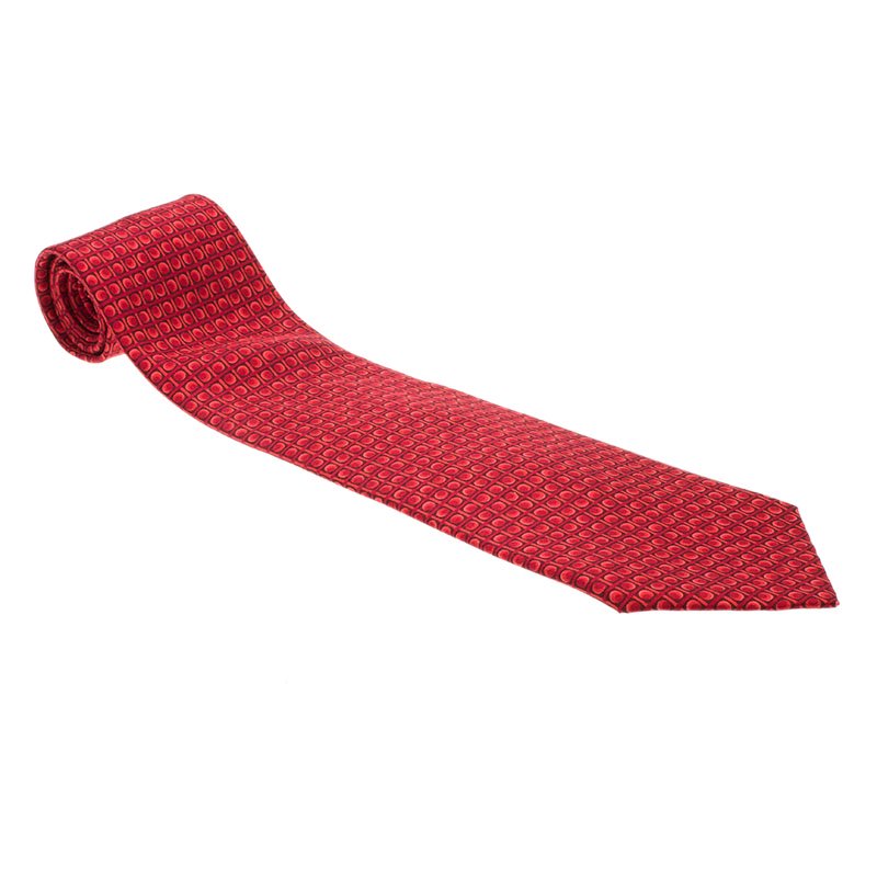 Pre Owned Hermes Red Printed Silk Tie