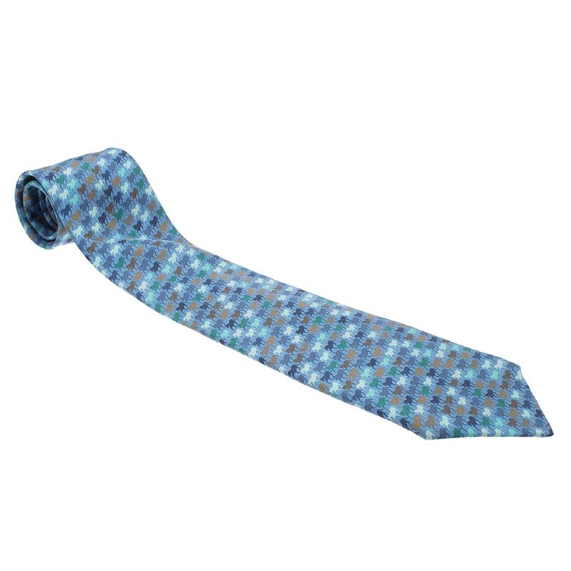 Pre Owned Hermes Blue Horse Print Silk Tie